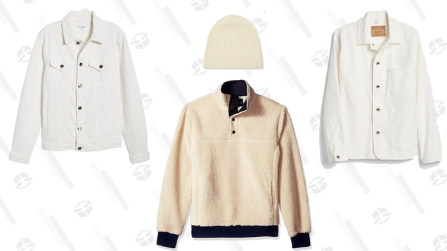 Frame Denim off-white denim jacket, $198Bellerose beanie, $55J.Crew Mercantile sherpa fleece pullover, $70Gap worker shirt jacket, $80